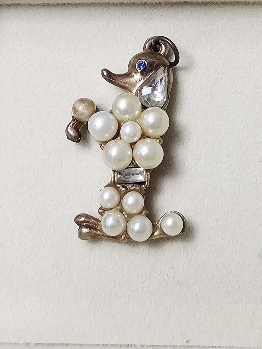 Vintage Gold Tone Poodle Pendant Charm Faux Pearls Rhinestones Blue Eye
